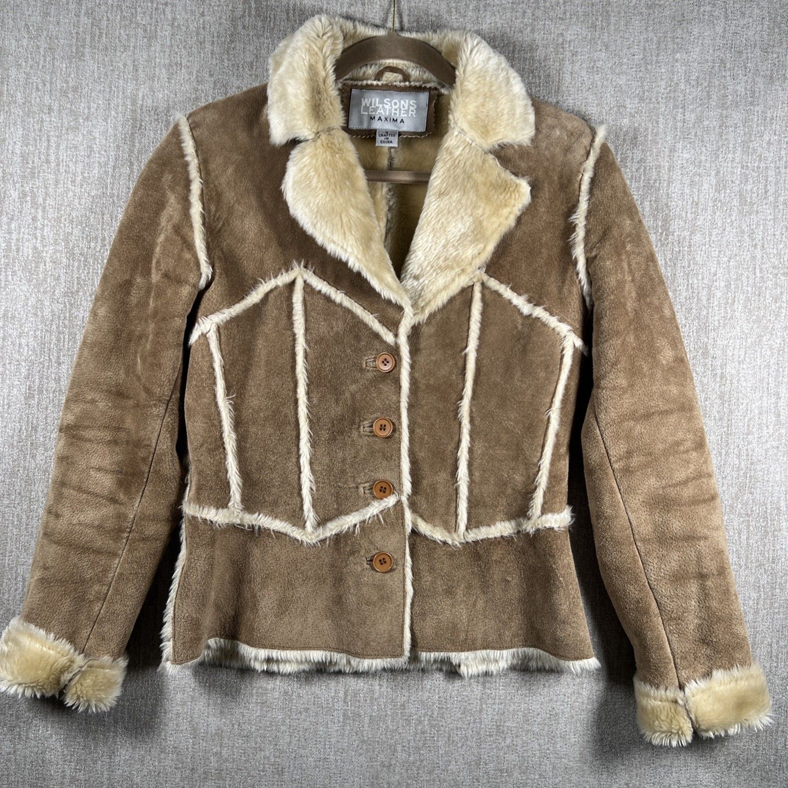 Vtg Wilsons Leather Maxima Tan Suede Shearling Jacket Coat Small Penny Lane Boho